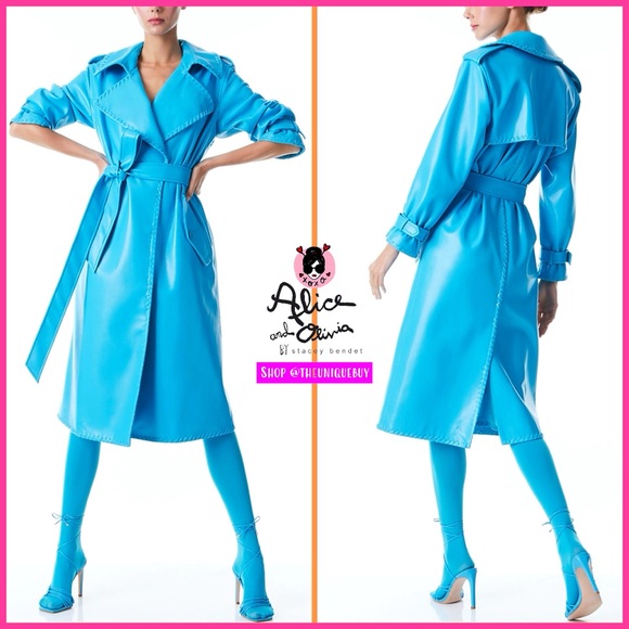 Alice + Olivia Nevada Vegan Leather Blue Trench Coat Jacket